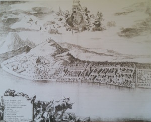 Theatrum sabaudiae - Evian en 1682 2. vol in folio de Jean BLAEU Amsterdam - extrait d'Evian-les bains un patrimoine, Claude Yvette Gerbaulet p.24